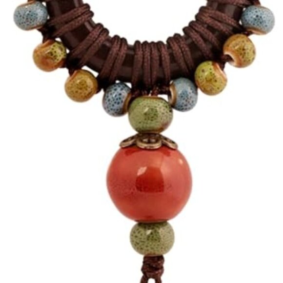 Boho Hippie Colorful Ceramic Beads Strand O Ring Circle Charm Long Y Necklace, V - Picture 1 of 7